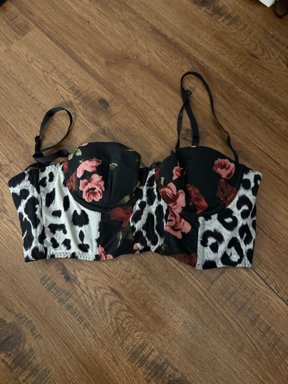 Seductress Strappy Bustier Top - Black with Pink Floral Accents